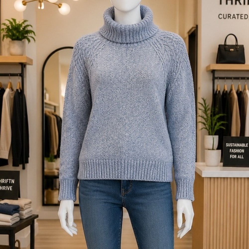 Evolution by Cyrus Womens Sweater Blue Marled Cowl Neck Knit Small
